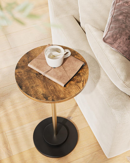 Masupu Drink Table, Round Side Table for Small Spaces, Pedestal Small End Table with Metal Base, for Living Room, Bedroom, Bathroom, Rustic Brown