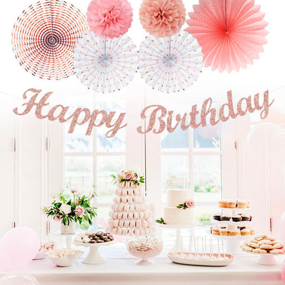 Pink White Rose-Gold Birthday Party-Decorations - 21pcs Happy Banner, Paper Lanterns,Tissue Pom Poms Flower Fan,Honeycomb Ball,Swirl Streamers Garland Supplies Decor Girls Women Huglony
