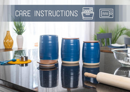Nat & Jules Lidded Navy Blue 6 inch Ceramic and Wood Kitchen Canisters Set of 3