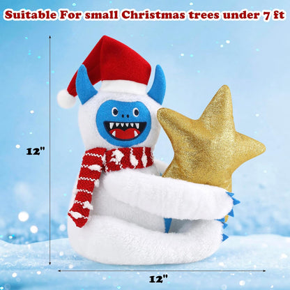 Bigfoot Snowman Christmas Tree Topper Decorations with Glitter Star Xmas Ornaments Home Decor 3D Wreath Attachment Winter Holiday Festive Gift Fits for Small 3-4ft Tree Fabric