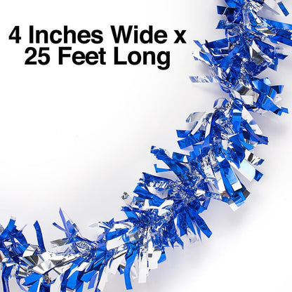 Anderson's Blue & Silver Metallic Tinsel Twist for Trailer Or Golf Cart, 4 inches Wide x 25 ft Long, Christmas, Birthday, Patriotic, Graduation and Holiday Garland Decor for Parties and Parades