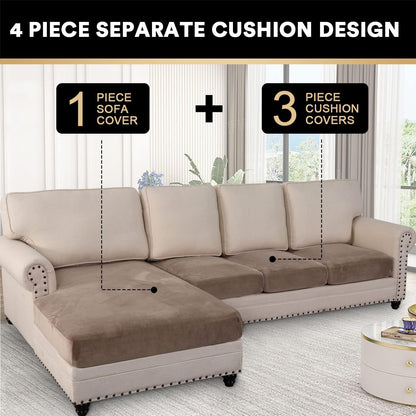 PrinceDeco Sectional Couch Covers 4 Pieces Couch Covers for Sofa Velvet Separate Couch Cover L Shape for Left/Right Chaise(3 Seater + 1 Chaise,Taupe)