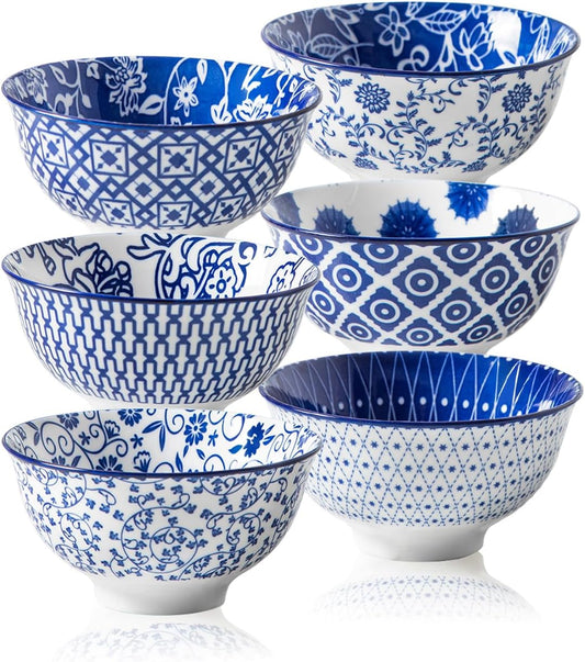 Ceramic Dessert Bowls Set - 12 Oz Small Cereal Bowls 4.75 Inch Ice Cream Bowl for Fruit, Snack, Dipping Sauce, Side Dishes - Microwave Dishwasher Safe - Set of 6 - Vintage Blue