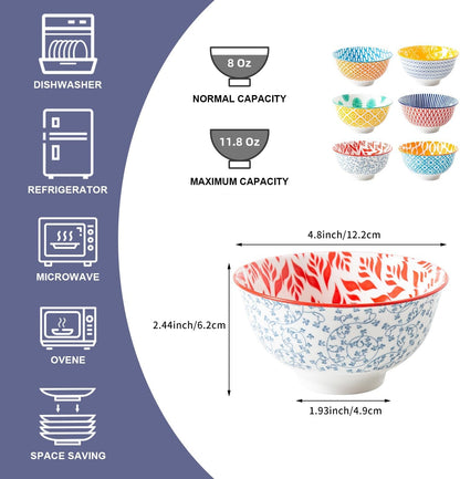 Ceramic Dessert Bowls Set - 12 Oz Small Cereal Bowls 4.75 Inch Ice Cream Bowl for Fruit, Snack, Side Dishes, Dipping Sauce - Microwave Dishwasher Safe - Set of 6 - Assorted Colors