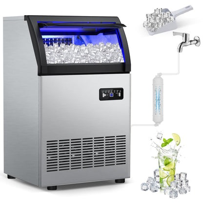 Commercial Ice Maker 260Lbs/24H, Ice Machine 72pcs Ice Cubes, Freestanding Ice Maker Machine with Water Line and Filter, 55Lbs Storage Ice Bin, Stainless Steel Undercounter Ice Maker for Home,Shop,Bar