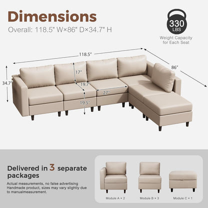 118.5" Faux Leather Modular Sectional Sofa, L Shaped Couch Set for Living Room, 6-Seater Comfy Cloud Couches with Movable Storage Ottoman Whitesand