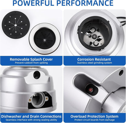 Powerful 3/4HP Stainless Steel Garbage Disposer, Dishwasher-Friendly and Continuous Feeding Waste Disposer, Grinding Material Four-Stage Grinding, Silver