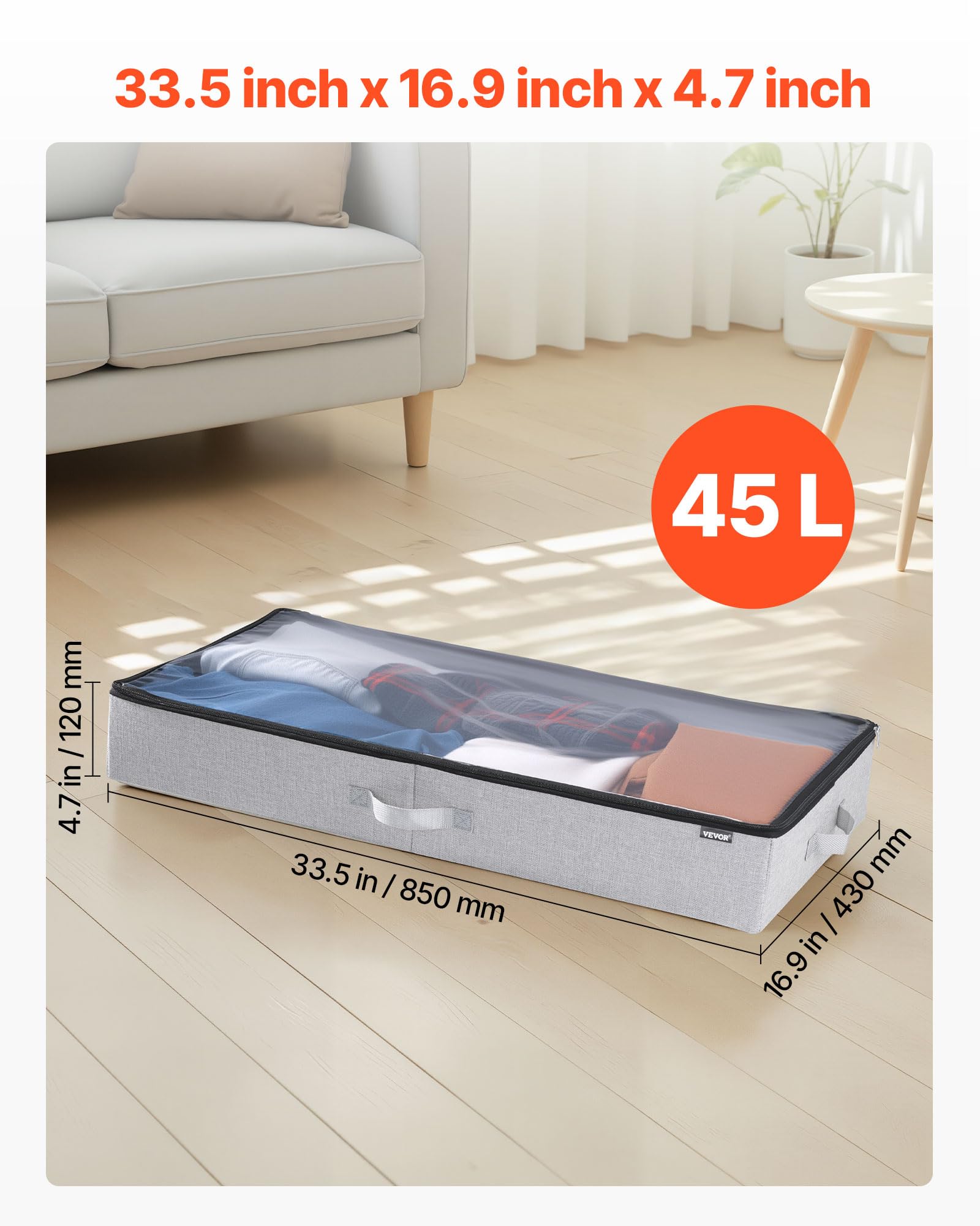 VEVOR Under Bed Storage with Clear Lids, 33.5 x 16.9 x 4.7 Inch, 45L Large Underbed Clothes Storage