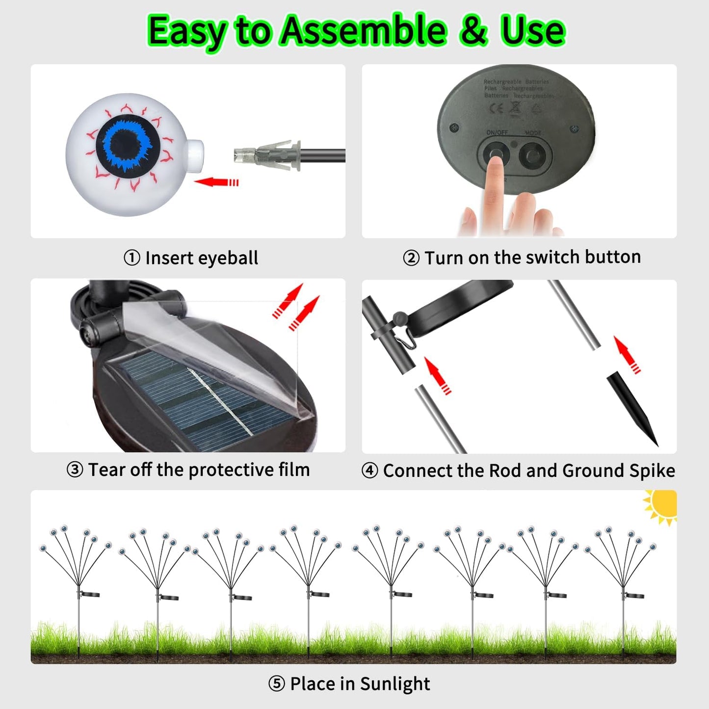 VOTTGO Halloween Solar Lights Outdoor, 8 Pack 48LED Scary Solar Eyeball Pathway Lights, 2 Modes Waterproof Swaying Solar Firefly Lights for Garden Yard Pathway Halloween Decorations, Purple + Orange