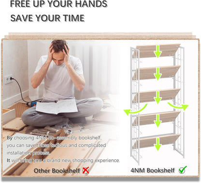 4NM No Assembly 5 Tiers Folding Bookshelf, 59.4" H Foldable Storage Shelves Vintage Bookcase Standing Racks Study Organizer Home Office - Natural White