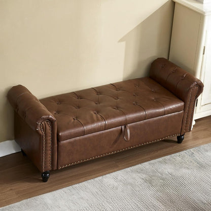 Furniliving 55” End of Bed Bench, Bedroom Bench with Button-Tufted, Large Upholstered Storage Ottoman Entryway Bench with Storage Shoe Cabinet Bench, for Bedroom, PU, Brown
