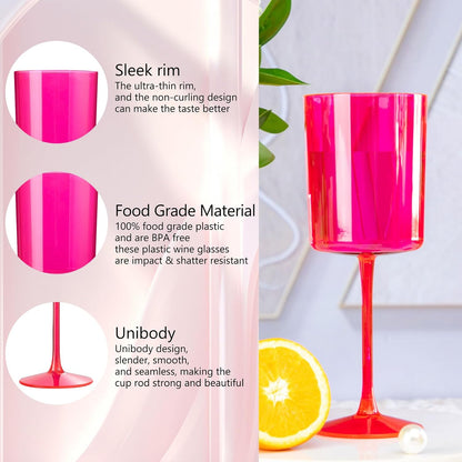 Ciaell 12 Pack Plastic Wine Glasses - 10Oz Hot Pink Plastic Wine Glasses With Stem - Disposable Stemmed Cups for Parties & Weddings