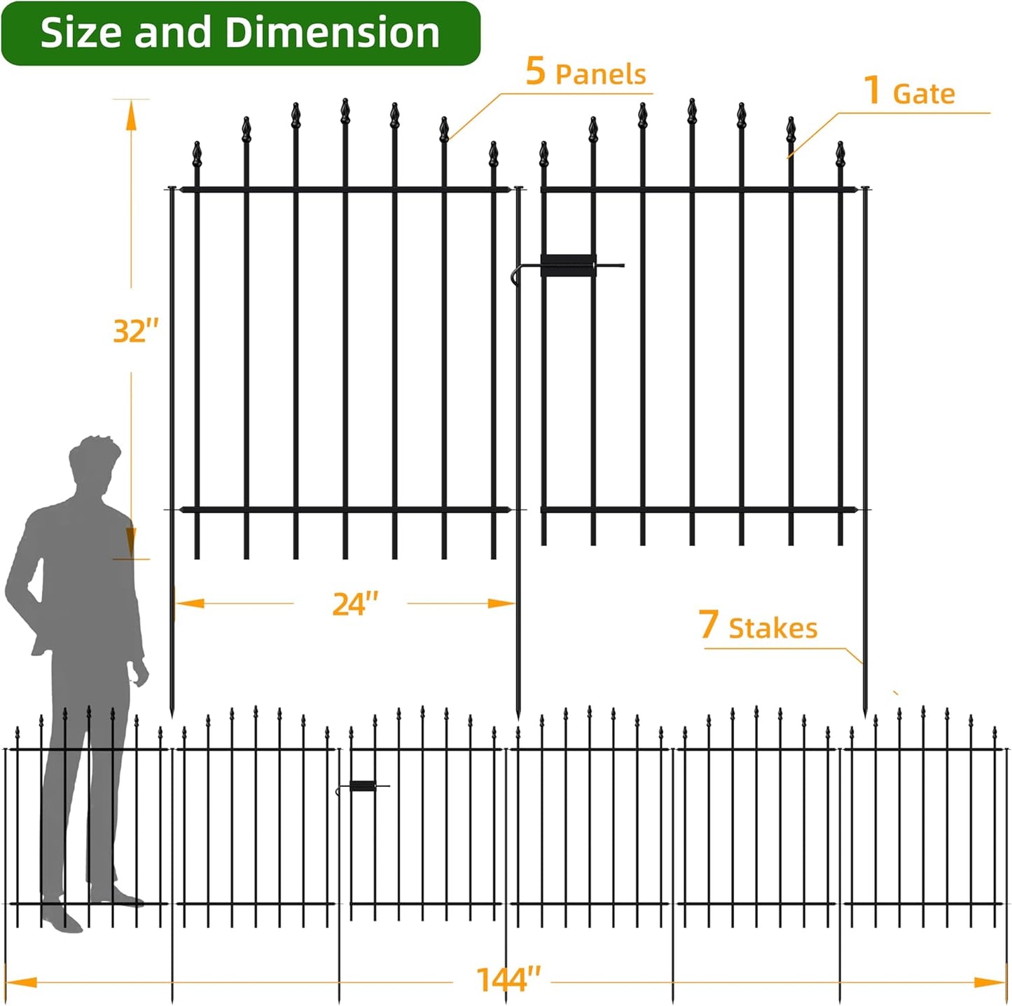 Metal Garden Fence with Gate 32 in H x 12 ft L, 1 Gate + 5 Panels Border Dog Fence Panels Animal Barrier, No Dig Garden Fencing for Yard Patio Flower Bed Lawn Outdoor, Arch Black