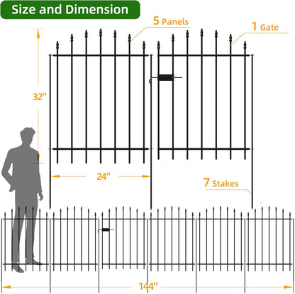 Metal Garden Fence with Gate 32 in H x 12 ft L, 1 Gate + 5 Panels Border Dog Fence Panels Animal Barrier, No Dig Garden Fencing for Yard Patio Flower Bed Lawn Outdoor, Arch Black