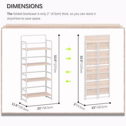 4NM No Assembly Foldable Bookshelf, 4-Shelf Collapsible Bookcase Storage for Small Spaces, 54" H, Natural White