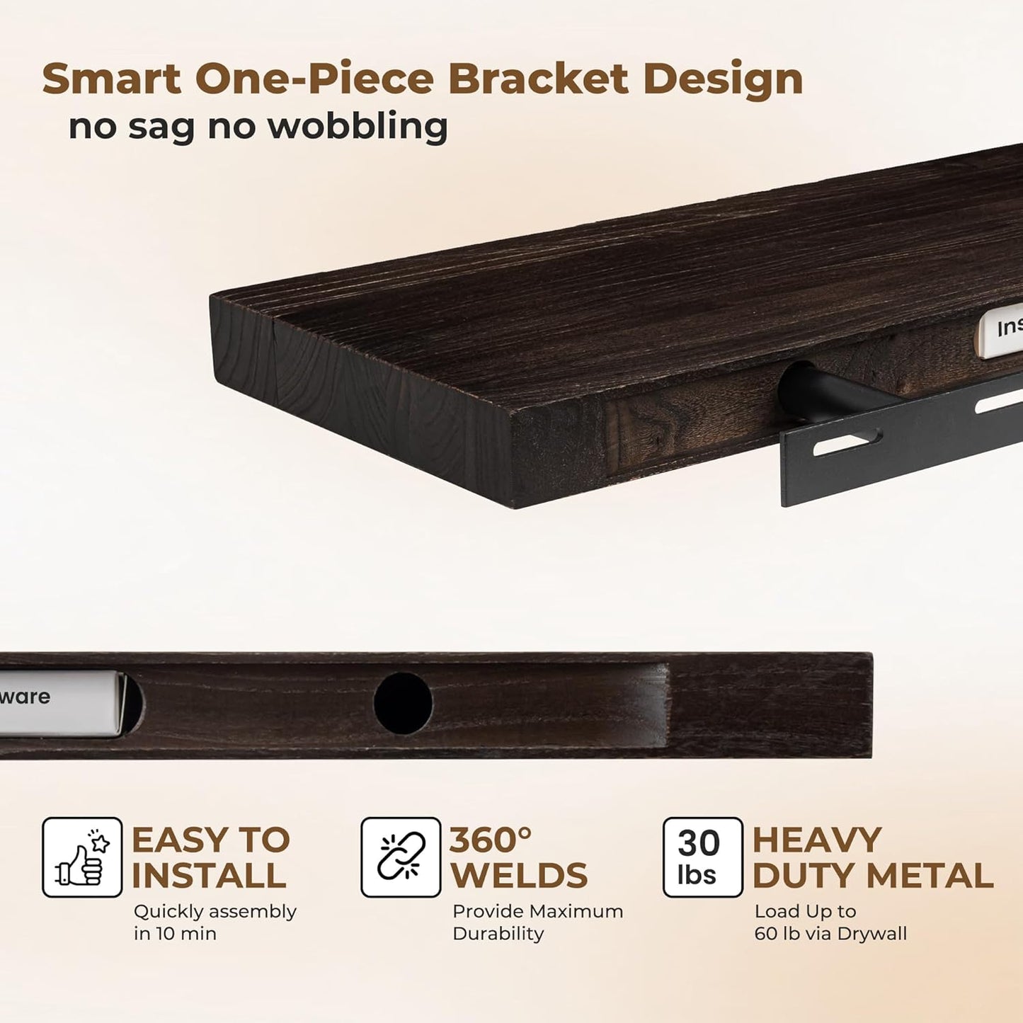 Axeman Floating Shelves for Wall - 32''W x 8'' D Rustic Solid Elm Wood Shelves for Storage, Wall Mounted Display Shelving with Invisible Heavy-Duty Metal Bracket (Walnut, 2PCs)