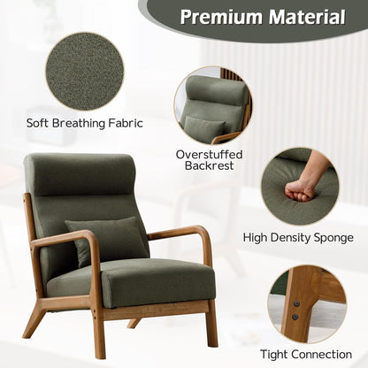 INZOY Mid Century Modern Accent Chair Set of 2, High Back Reading Armchair with Wood Frame, Upholstered Living Room Chairs with Waist Cushion, Single Lounge Arm Chair for Bedroom Sunroom, Green