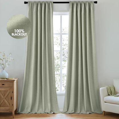 MIULEE 100% Blackout Curtains 108 Inch Long 2 Panels for Bedroom, Thick Luxury Faux Linen Black Out Curtain Room Darkening Back Tab Pleat Window Textured Drapes with Hooks for Living Room, Sage Green