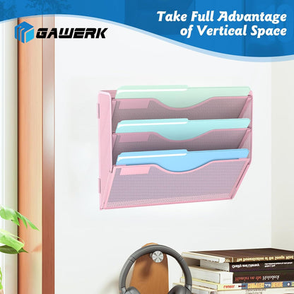 3 Tier Hanging Wall File Organizer, Mesh Mail Paper Orgnization Hanging File Folder Holder for Home Office, Pink