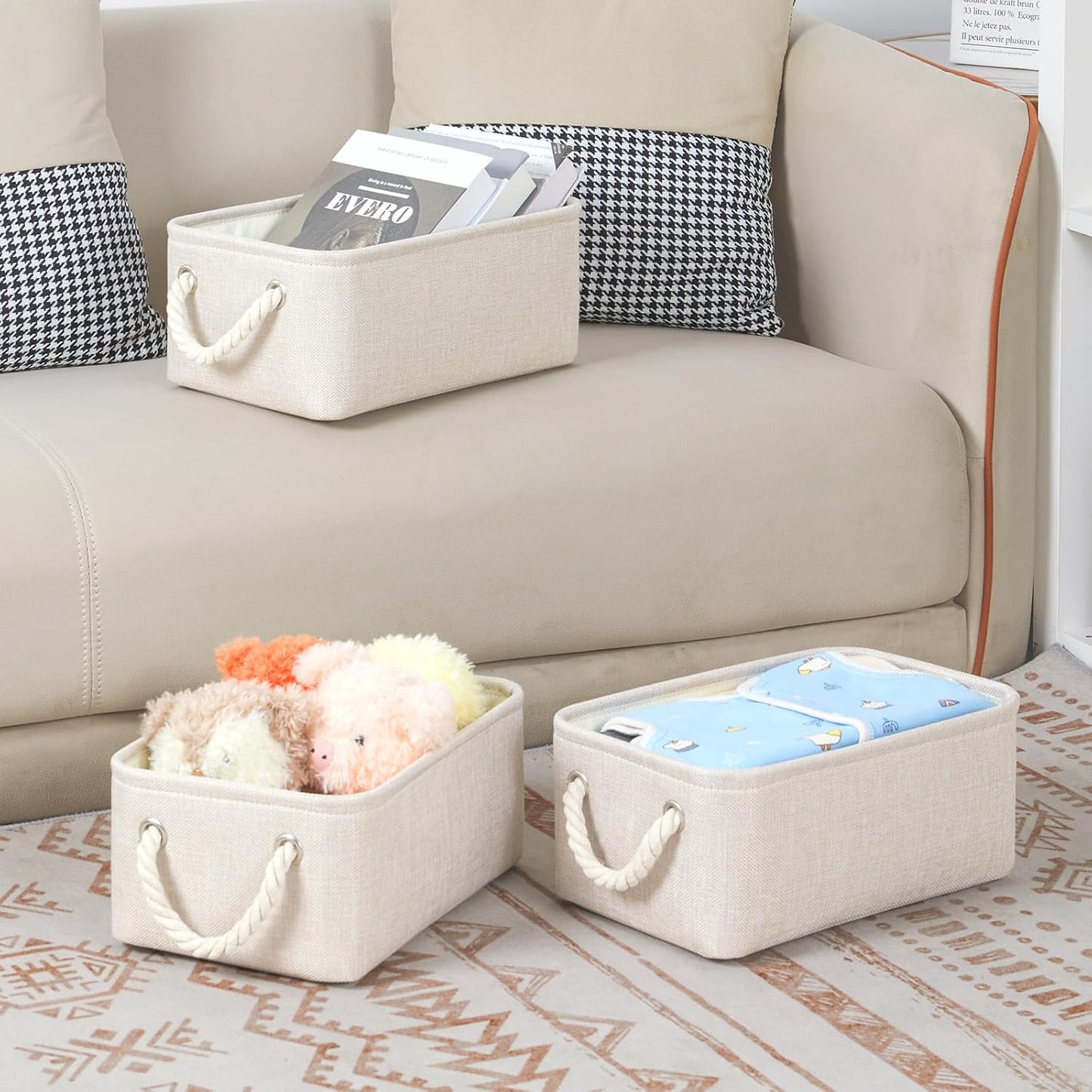 Bidtakay Small Storage Bins for Shelves 3 Pack Fabric Storage Baskets for Organizing 12x8x5 Inch Closet Storage Bins Linen Collapsible Organizer for Closet-Light Biege