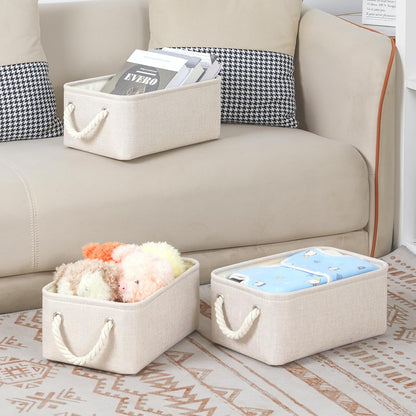 Bidtakay Small Storage Bins for Shelves 3 Pack Fabric Storage Baskets for Organizing 12x8x5 Inch Closet Storage Bins Linen Collapsible Organizer for Closet-Light Biege