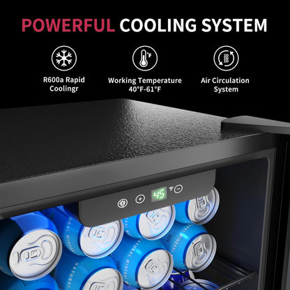 48 Can Beverage Refrigerator Cooler, Mini Fridge Glass Door with Adjustable Shelves, Freestanding Beverage Fridge with Blue LED for Home/Office/Dorm/Bar, 1.3 Cu.ft