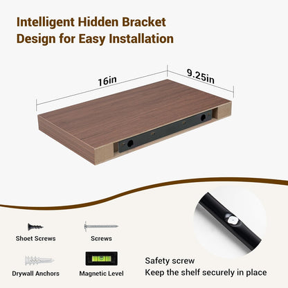 16 Inch Floating Shelves, 16"x9.25"x1.5" Inch Deep Floating Shelves for Wall, Wooden Shelves for Bathroom, Bedroom, Living Room, Walnut