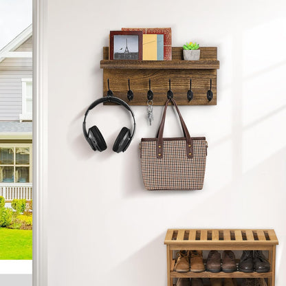 Shelf with Hooks, Coat Rack Wall Mount with 6 Double Metal Hooks, 17 Inch Farmhouse Wall Hooks with Shelf, for Entryway, Bathroom, Kitchen, Rustic Brown
