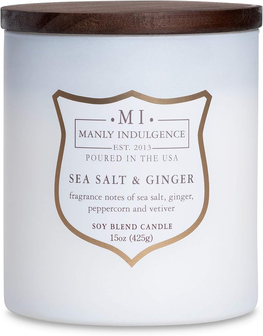 Manly Indulgence Sea Salt & Ginger Scented Candles for Men, 15 oz Wooden Wick, Premium Soy Blend
