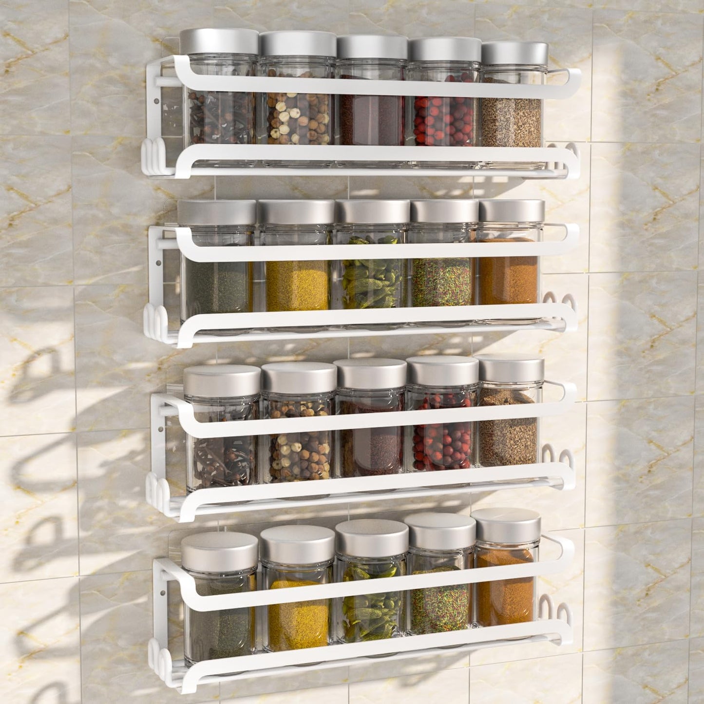 LUCYCAZ 4 Pack Wall Mounted Spice Rack with 16 Hooks, Spice Organizer Shelf for Stove Cabinet Pantry Door,Screw or Adhesive Spice Shelf Hanging Wall Spice Rack in Kitchen and RV (White, 4 PACK)