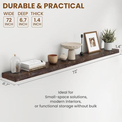 72" Floating Shelves, Live Edge Elm Wood Floating Shelf for Wall, Wall-Mounted Display Shelves with Invisible Heavy-Duty Bracket, Long Floating Shelf for Bathroom, Kitchen, Living Room, Walnut Color