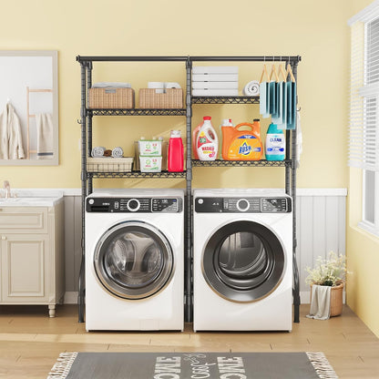 U14 Over Washer and Dryer Storage Shelves, 4 Tiers Laundry Room Storage and Organizer System, Space Saving Clothes Drying Rack with 2 Clothes Hanger Rods, 66.5" W x 20.5" D x 77.4" H, Black