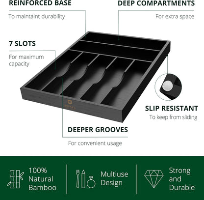 ROYAL CRAFT WOOD Luxury Bamboo Kitchen Drawer Organizer - Silverware Organizer - Utensil Holder and Cutlery Tray with Grooved Drawer Dividers for Flatware and Kitchen Utensils (7 Slot, Black)