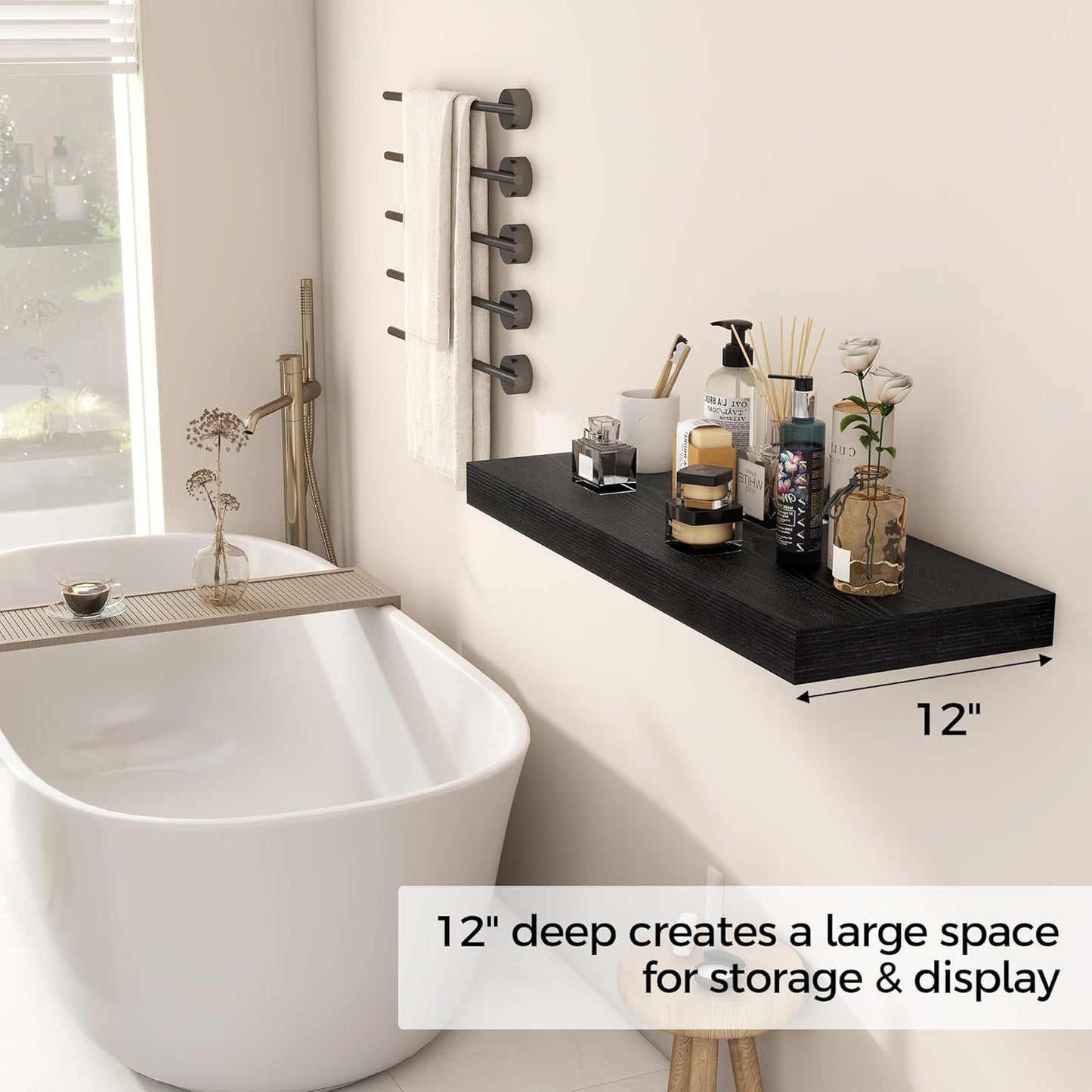 Fun Memories Black Floating Shelves 30" W x 12" D, 12 Inch Deep Floating Shelf for Books, Bathroom, Living Room, Rustic Wood Wall Shelves, 2 Inch Thicked Storage Shelf for Home Storage, Set of 2