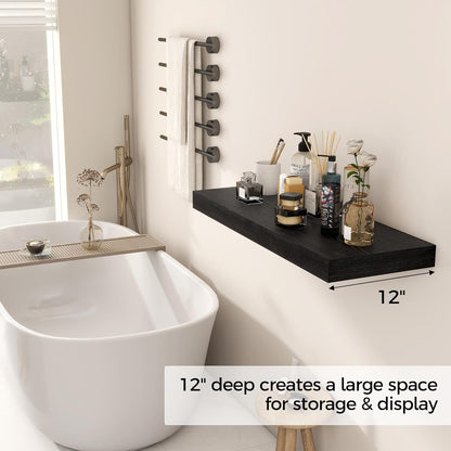 Fun Memories Black Floating Shelves 30" W x 12" D, 12 Inch Deep Floating Shelf for Books, Bathroom, Living Room, Rustic Wood Wall Shelves, 2 Inch Thicked Storage Shelf for Home Storage, Set of 2
