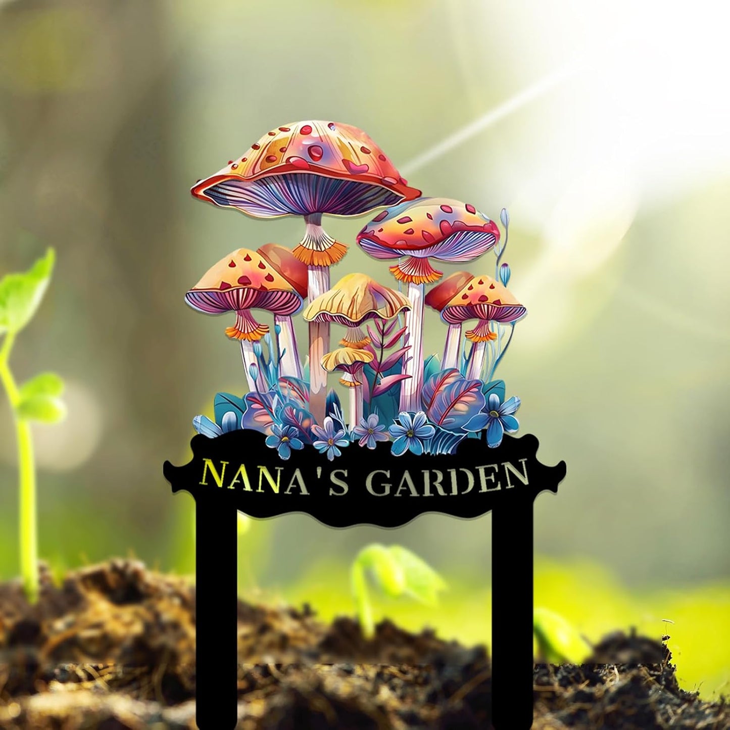 Personalized Mushroom Metal Sign with Stake,Custom Gardener Family Name Signs Outdoor Decor,Customized Flowers Gardening Birthday Gifts,Butterfly Plaque for Patio Lawn Porch Backyard Front Door Garage