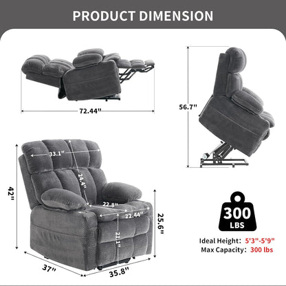 Dual Motor Power Lift Recliner Chair for Elderly,Electric Lift Chair with Adjustable Headrest, Heat and Massage,Lay Flat Recliner with Cup Holders,USB Ports,Type C,Zero Gravity, Grey