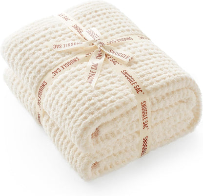 Snuggle Sac Ultra Soft Waffle Throw Blanket for Couch Bed Sofa 50x60 inches, Reversible Cream Blanket Microfiber Fluffy Fuzzy Cozy Knit Throws for Women Mothers Birthday Gifts