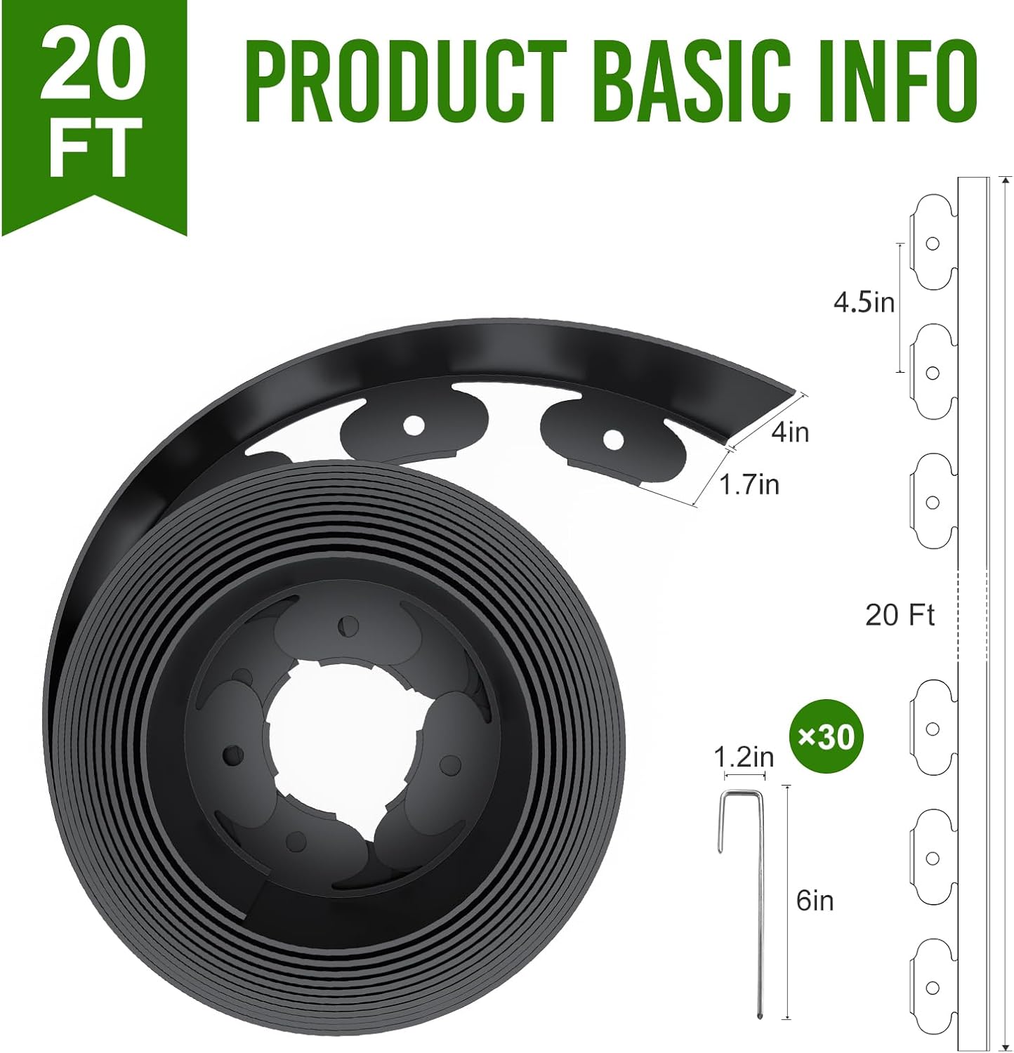 Landscape Edging 4 Inch Tall 20FT with 30Pcs Metal Spikes, Plastic Garden Edging Border Landscape Edging Border Lawn Edging for Landscaping, Flower Bed, Yard