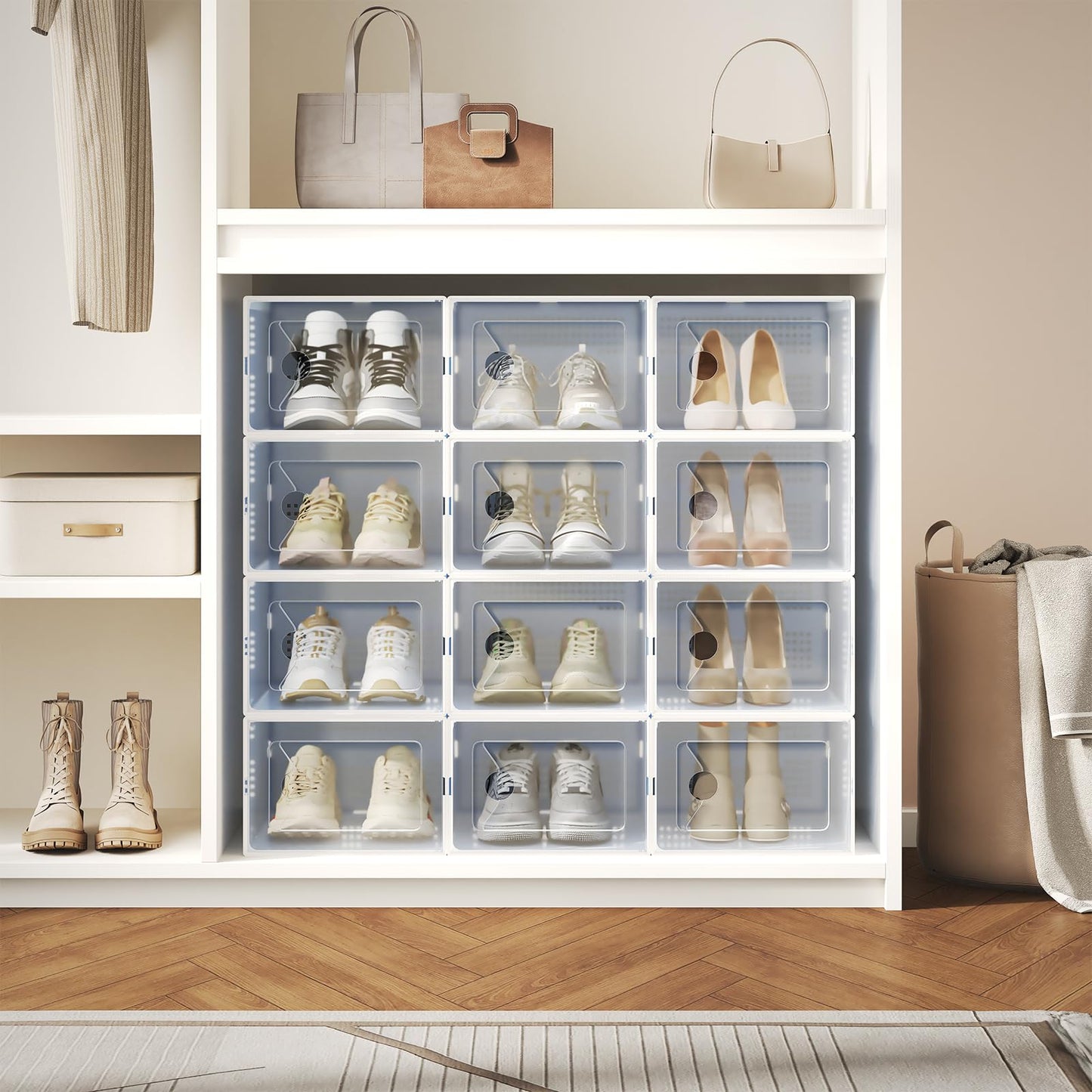 DUMOS Shoe Storage Boxes, 12-Pack Stackable Clear Shoe Containers with Lids, Display Sneaker Case