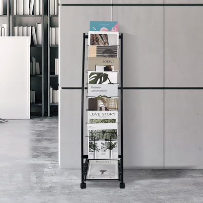 tongmo Magazine Rack: Floor-Standing with Wheels, 9-Tier Brochure Display Stand for Exhibitions, Office, and Any Organization Requiring Information Display
