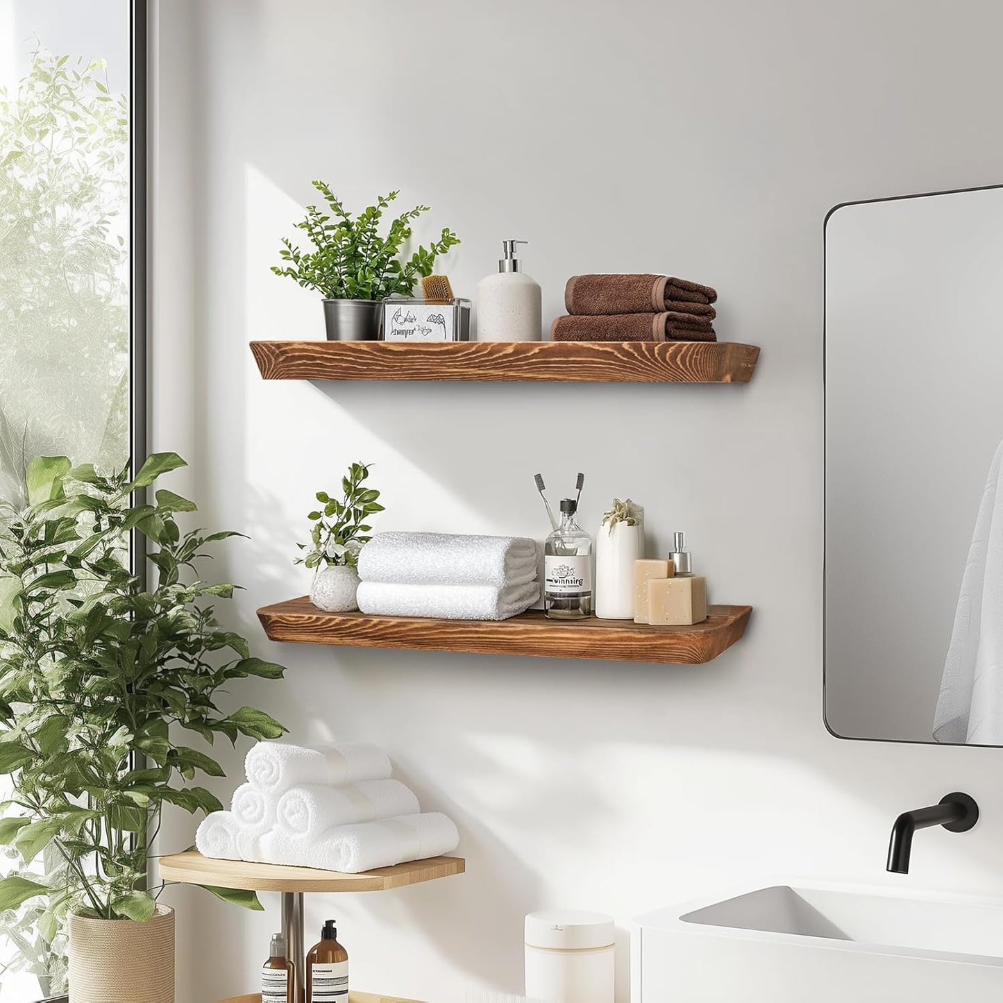 24"x6.8"x1.6" Slanted Floating Wall Shelves 2-Pack - Rustic Brown Finish, Heavy-Duty Solid Wood Design with Hidden Brackets - Perfect for Living Room, Kitchen, Bathroom, or Office