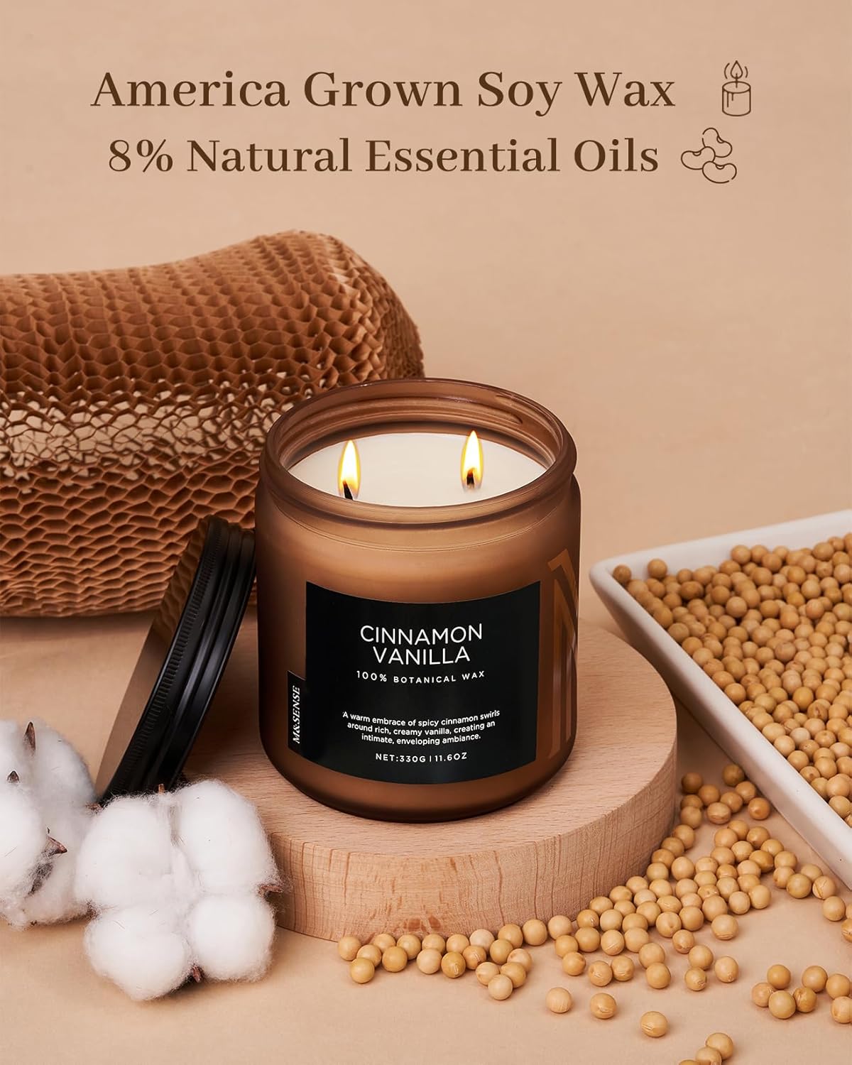 M&SENSE Cinnamon Vanilla Fall Scented Candles for Home, Natural Soy Wax 11.6oz 70 Hours Large Long Lasting Strong Scented Classic Christmas Holiday 2 Wicks Candle Gift Home Decor