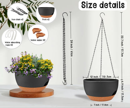 2 Pack 12 Inch Large Hanging Planters with Chains Self Watering Black Brown Plastic Hanging Pots for Indoor Outdoor Plants, Garden Porch Home Decor，Black Brown