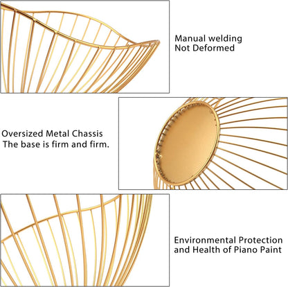 Metal Wire Fruit Basket, Gold Fruit Bowl for Kitchen Counter, Fruit Holder Stand Storage Baskets for Countertop, Home Decor, Table Centerpieces, Vegetable Bowls for Fruits, Veggies, Snacks (Gold)