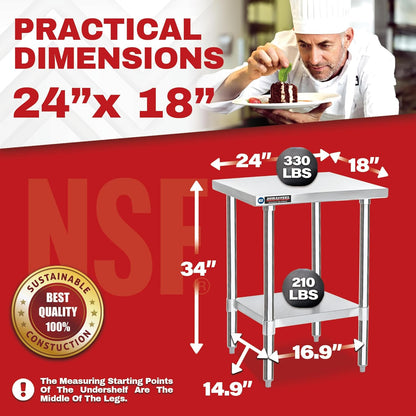 DuraSteel 24x18 Small Stainless Steel Table - NSF Metal Food Prep Commercial Kitchen Workt able - Side Mixer Stand with Under Shelf - For Laundry Room, Kitchen, Outdoor Grill, Small Spaces