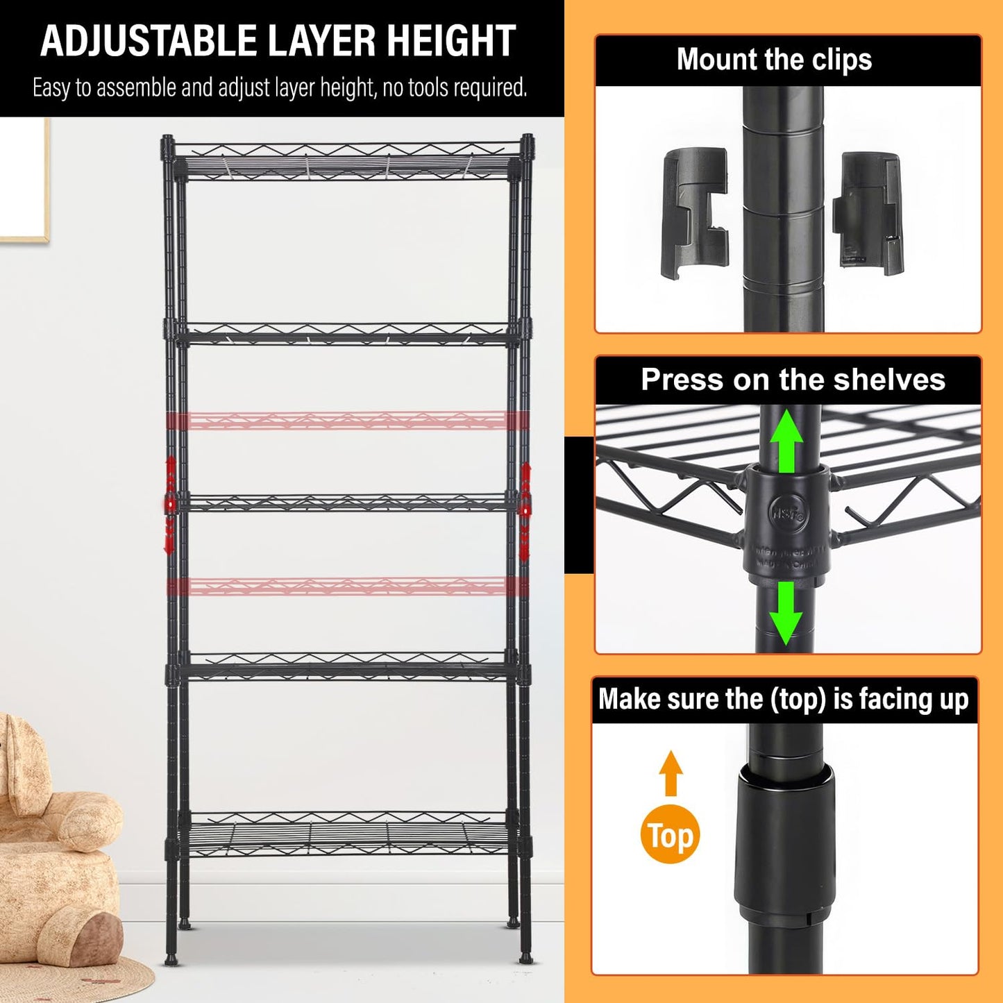 5-Tier Shelves Height Adjustable Storage Shelves Shelving Unit 11”Dx21”Wx48”H Wire Shelving NSF
