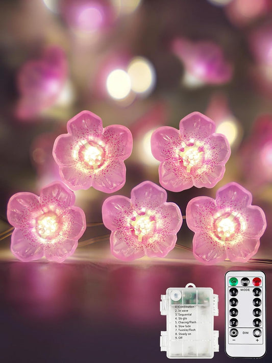 Cherry Blossom Flower String Lights for Bedroom, Pink Fairy Lights Battery Operated with Remote & 8 Modes & Timer, 10ft 30 LED Waterproof String Light Indoor Outdoor for Wedding Home Christmas Decor