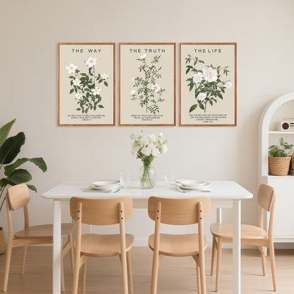 Aurlan The Way The Truth The Life Bible Verse Framed Wall Art(16"x24"), 3PCS Boho Christian Scripture Canvas Artwork, Large Floral Botanical Job 23:11 Psalm 43:3 John 14:6 Decor for Home Bedroom