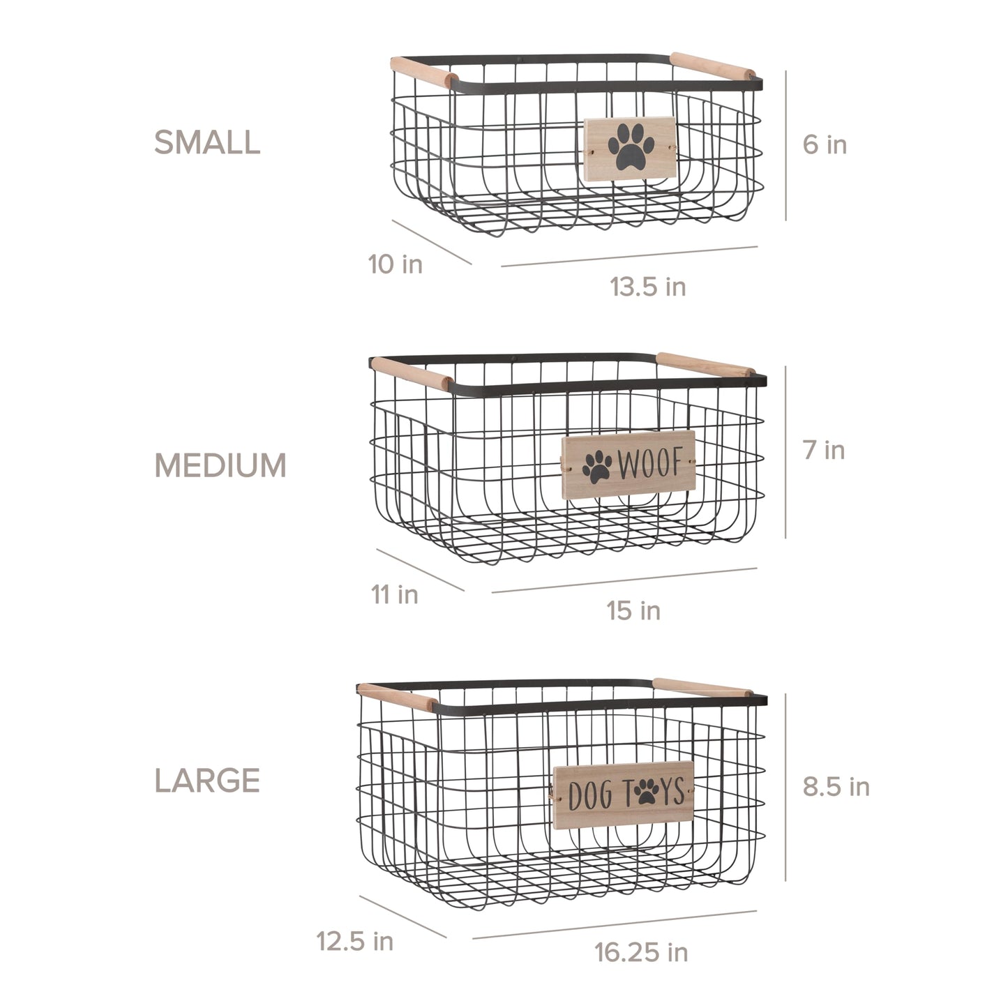 RGI Home Dog Toy Storage Baskets – Set of 3 Rectangular Metal Organizer Bins for Pet and Household